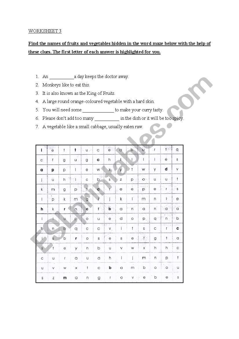 Crosswords on Fruits and Vegetables