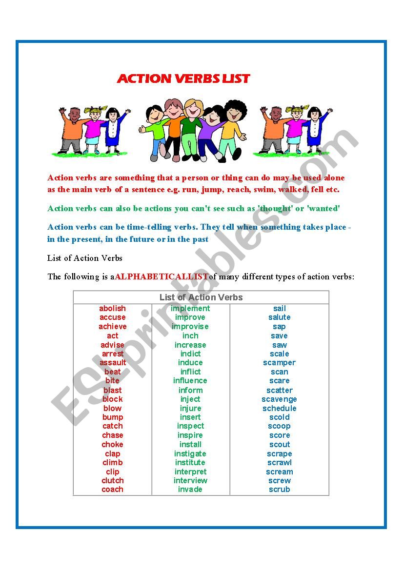 action verbs list from a to z alphabetical order