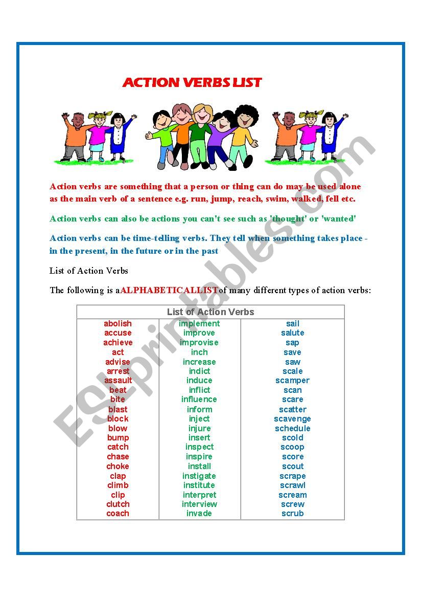 action verb list for kids