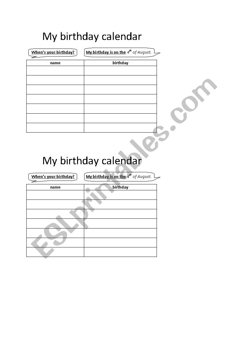 Months/Dates: My birthday calendar (survey sheet)