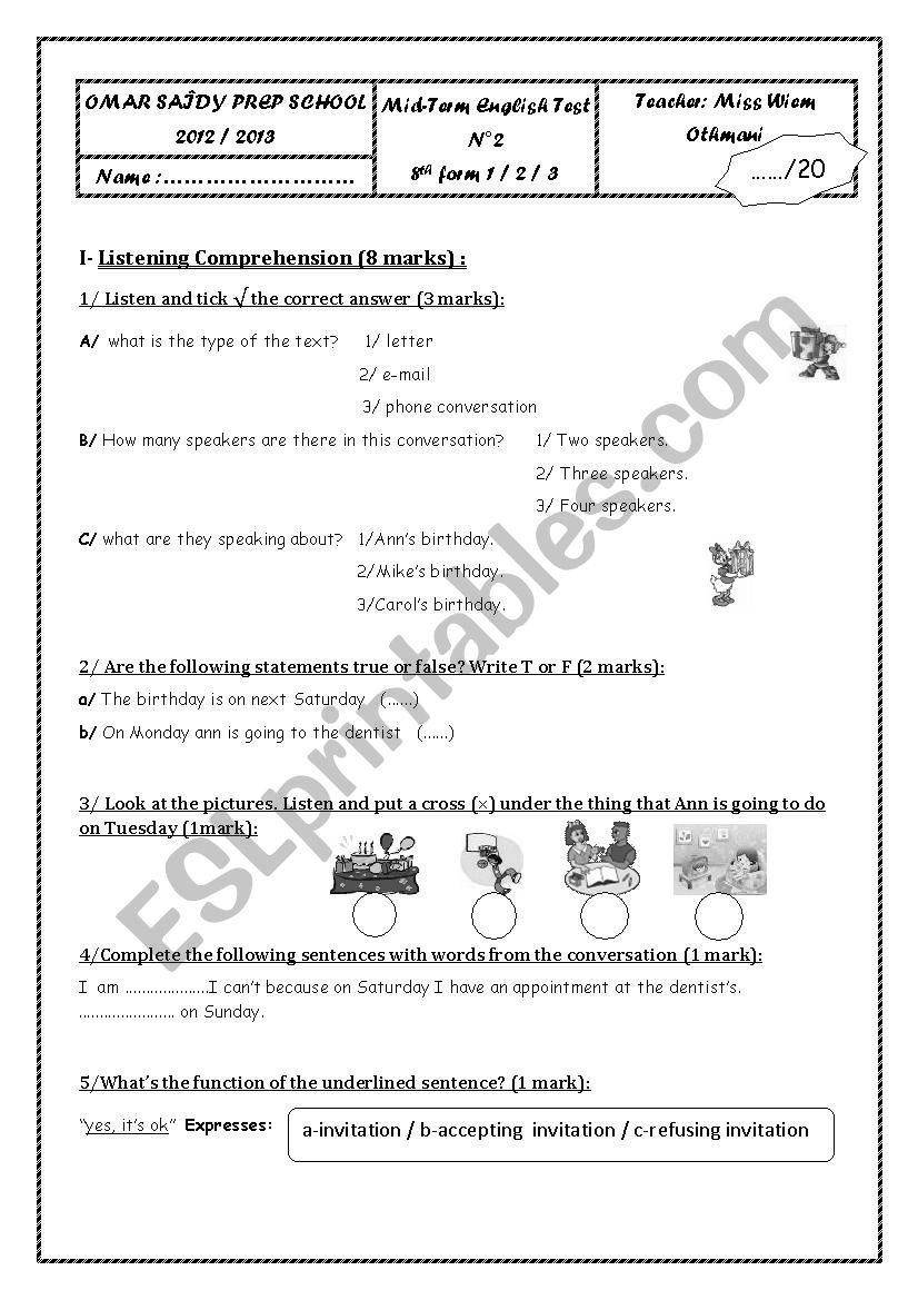 mid term test 2 8th form worksheet