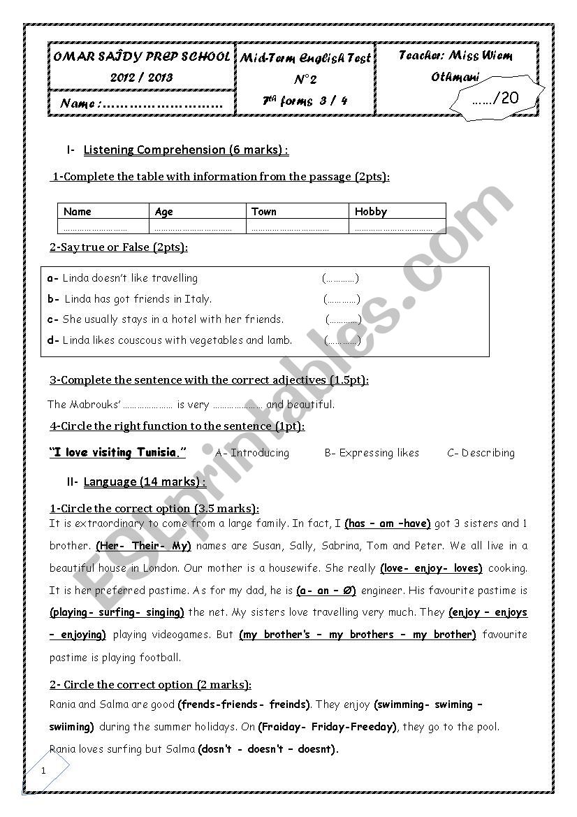 test 2 7th form worksheet