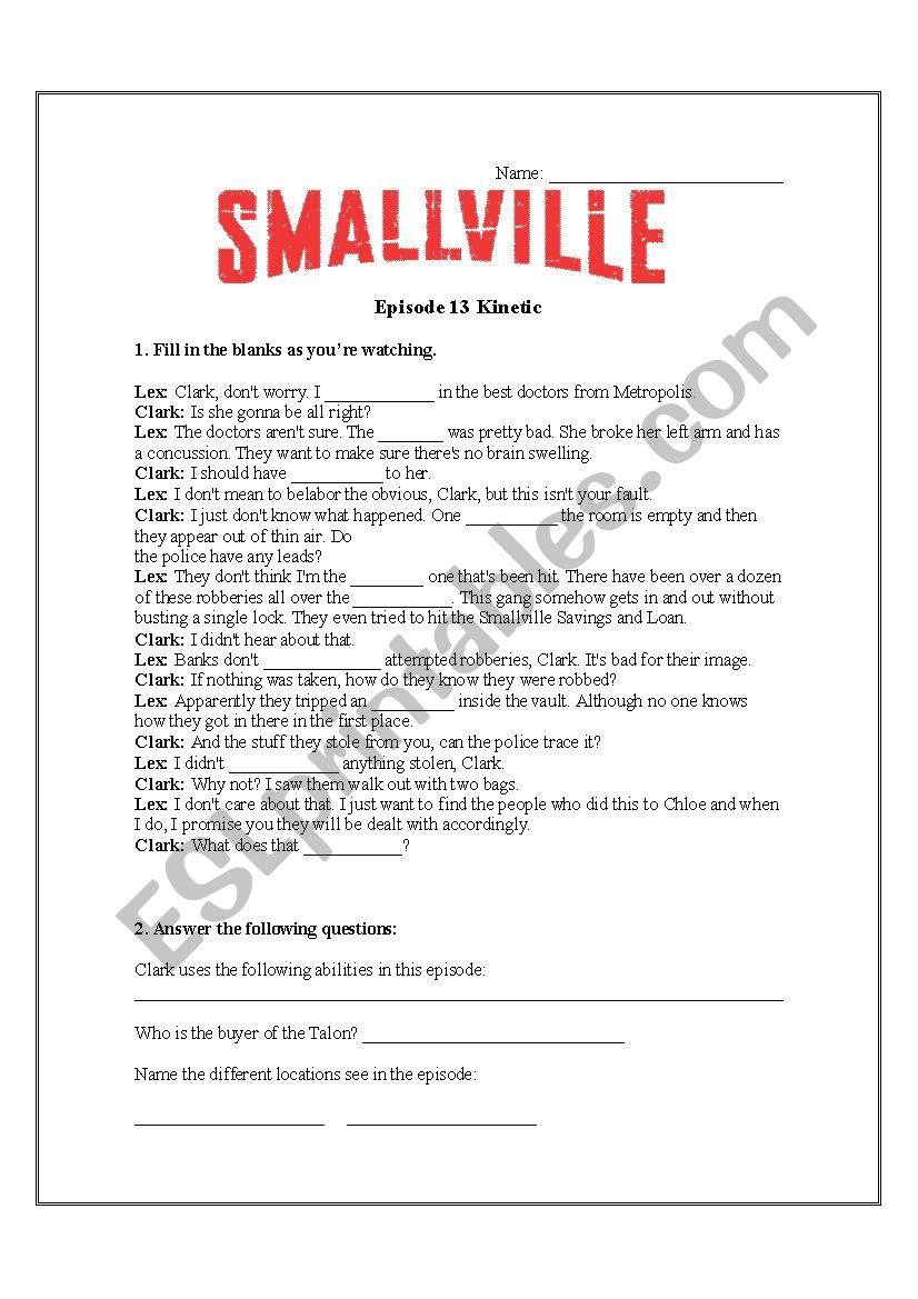 Smallville episode 13 worksheet