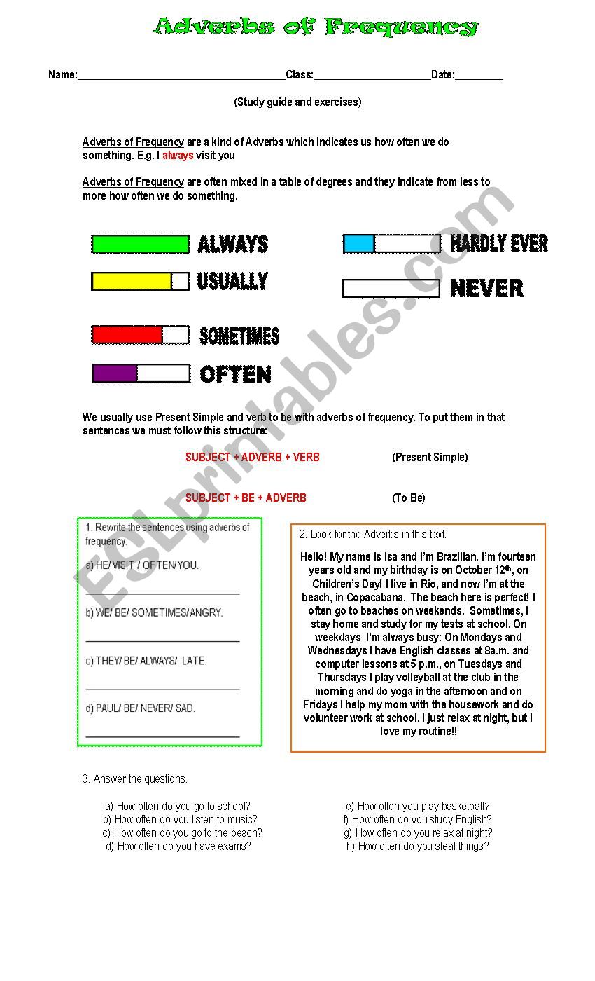 frequency adverbs worksheet