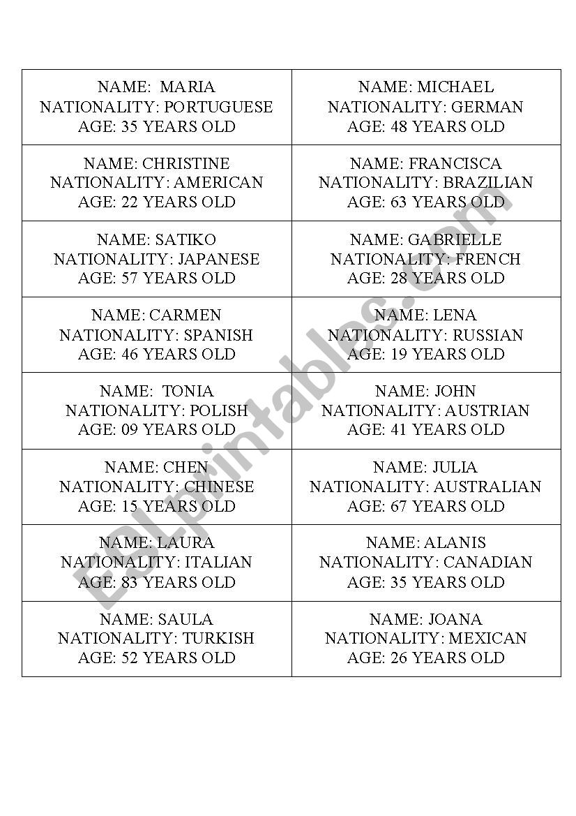 Basic Information Cue Cards worksheet