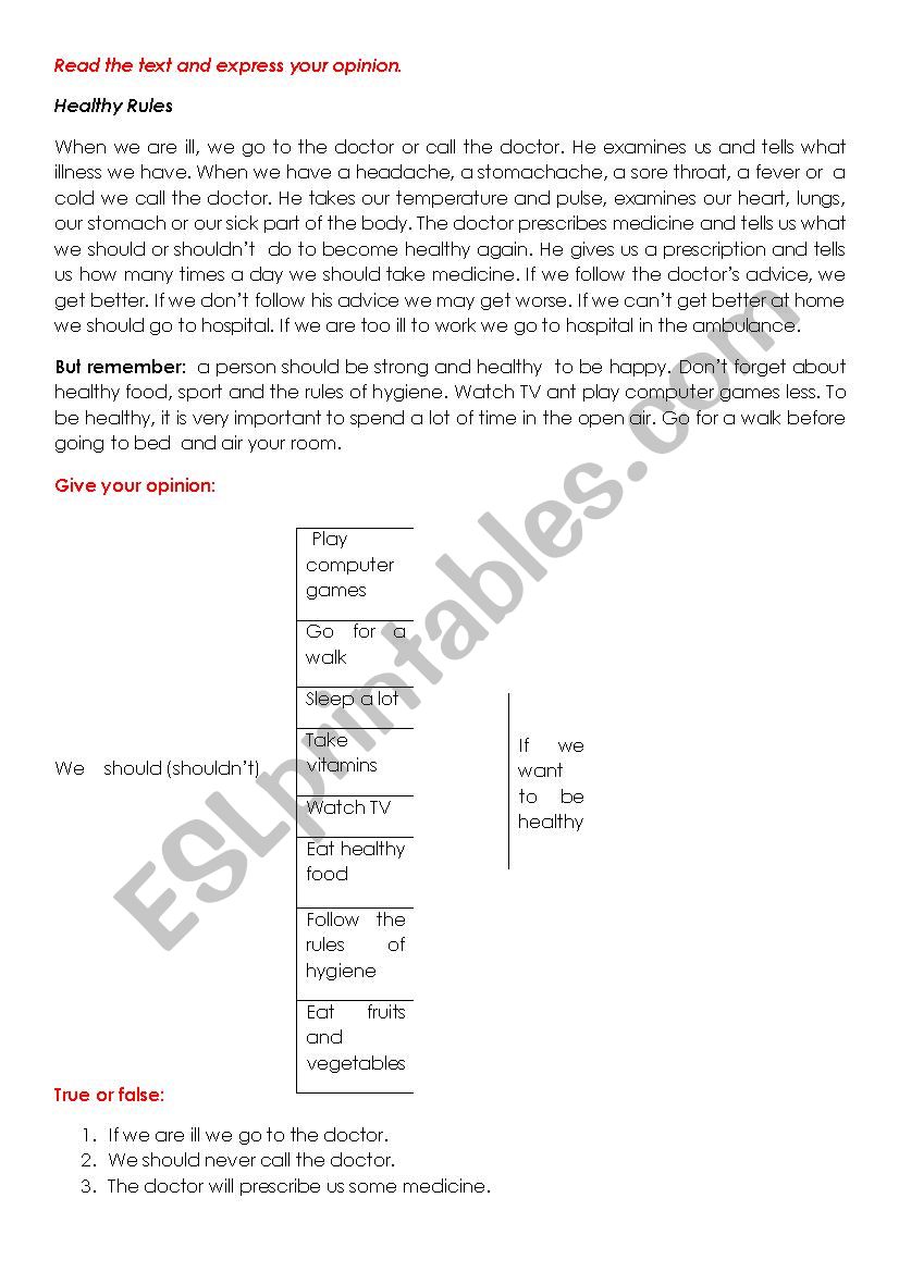 Heatht Rules worksheet