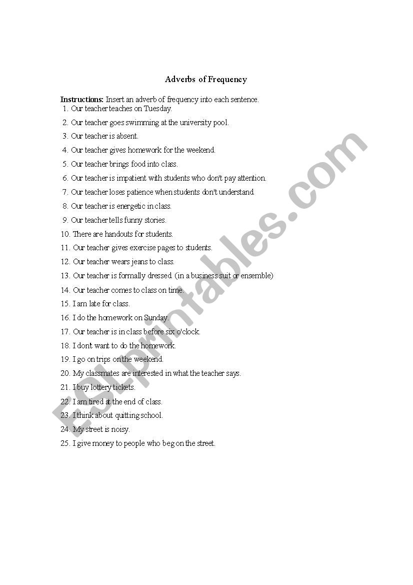 Adverbs of frequency worksheet