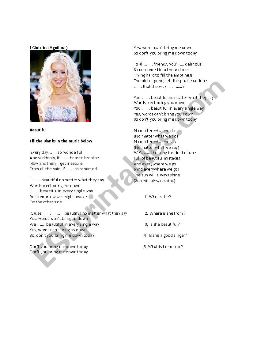 Song by Cristina Aguilera worksheet