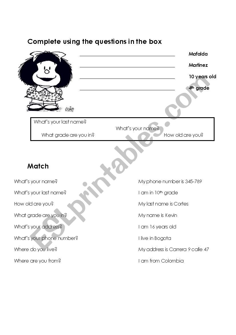 Personal information worksheet