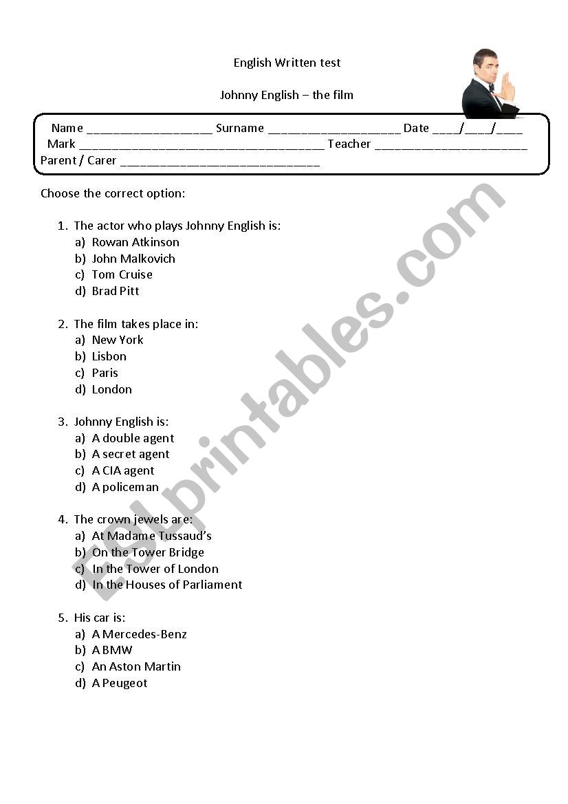Johnny English test worksheet