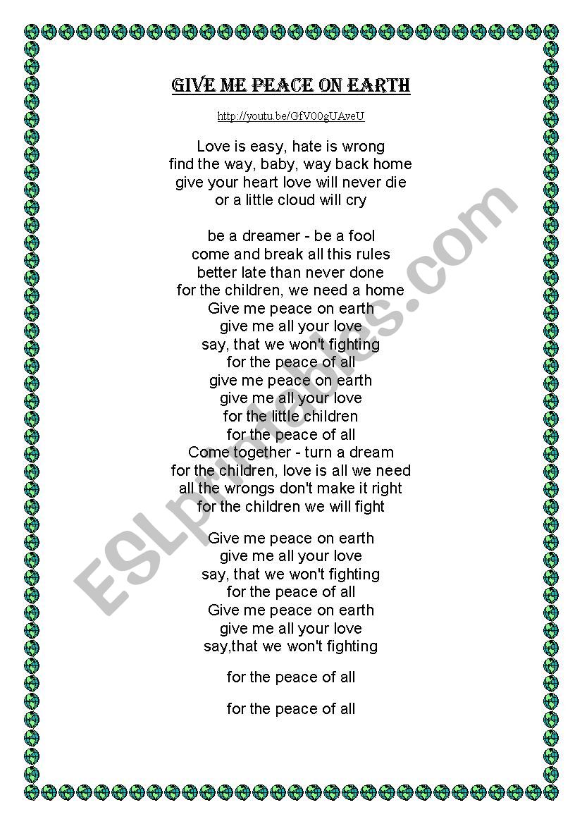 Give me peace on Earth worksheet