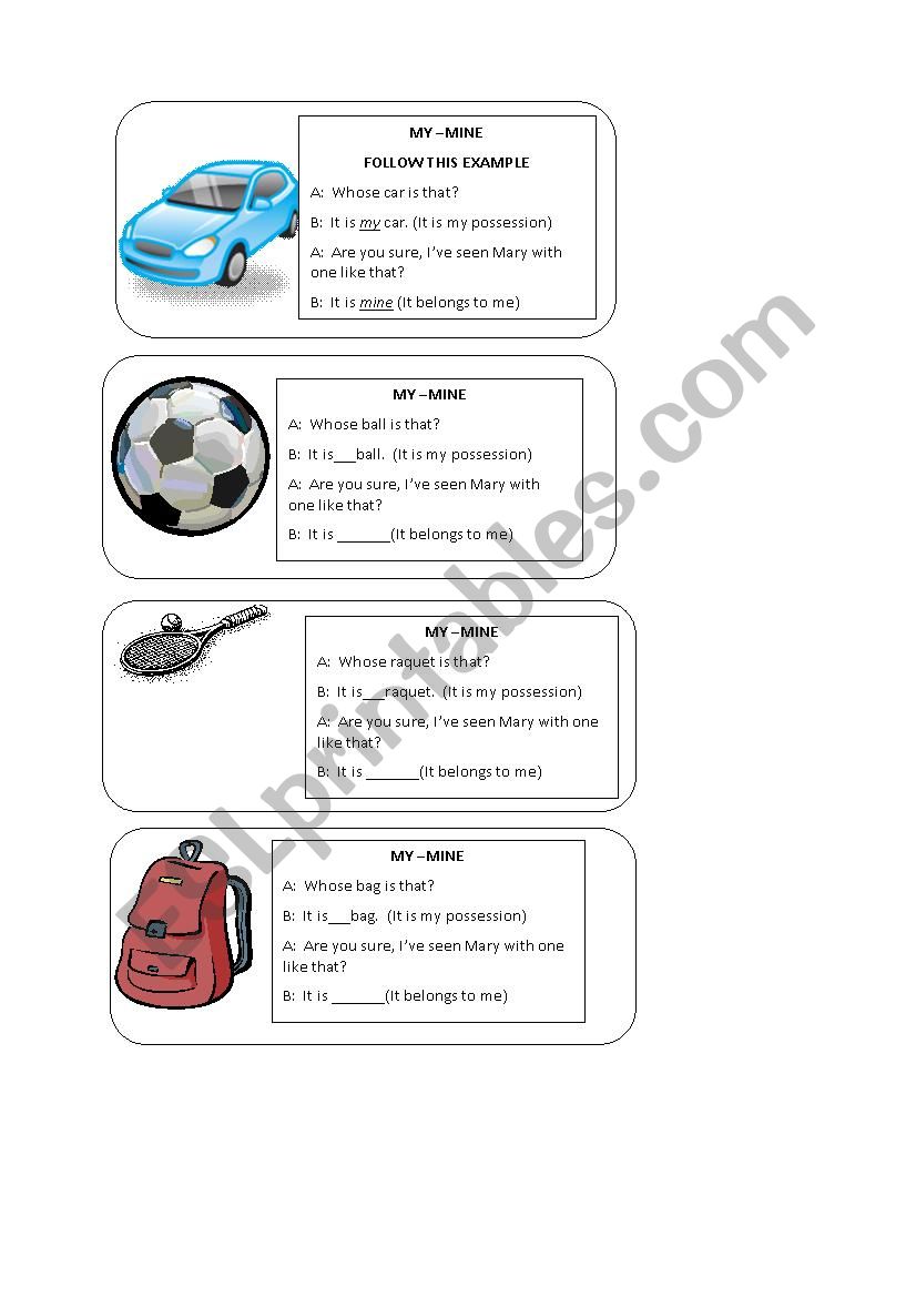 Possessives:  I/mine speaking cards (SET 1)