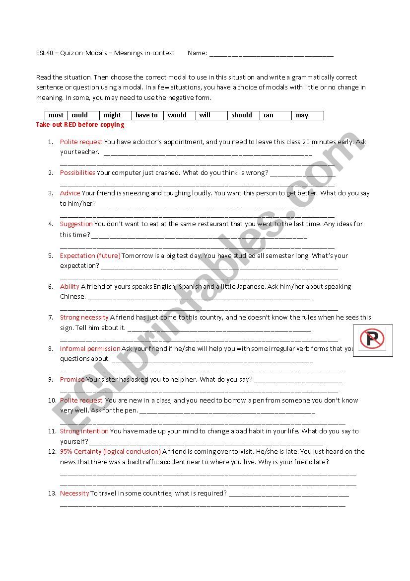 Quiz to test Modals -- usage worksheet