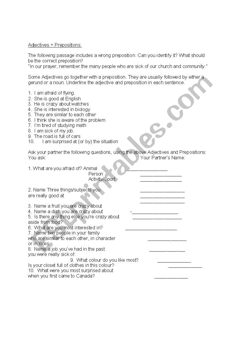 adjectives+prepositions  worksheet