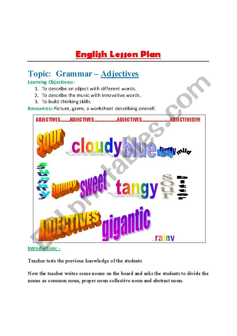 adjectives lesson plan with one worksheet