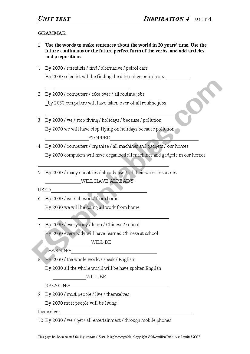 new inspiration 4 test 1 worksheet