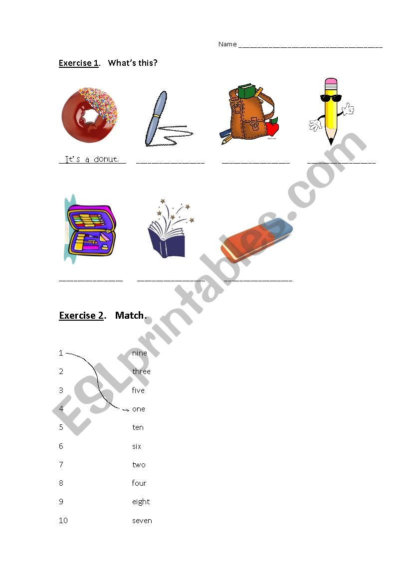 classroom objects + numbers worksheet