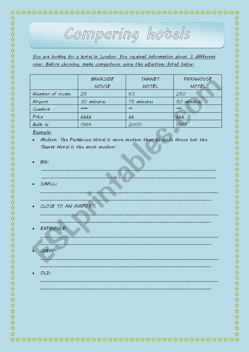 Comparing hotels worksheet