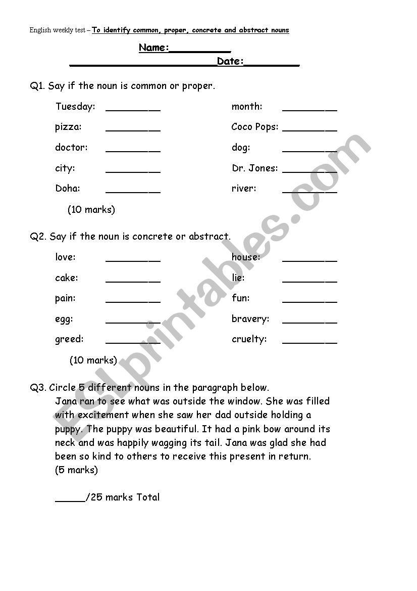 Concrete And Abstract Nouns Worksheet