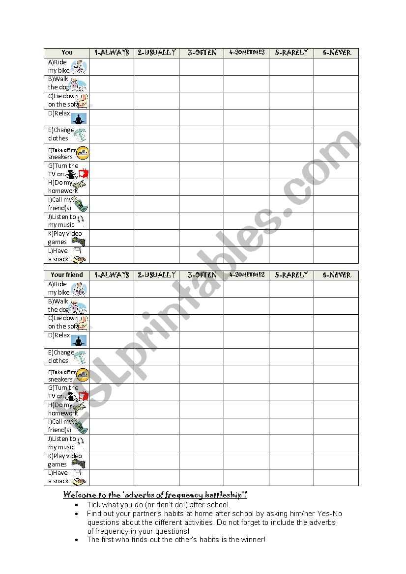 Adverbs of frequency battleship - Pairwork