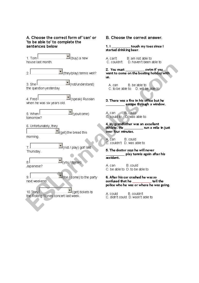 a worksheet testing students knowledge of ability modals in the past, present, and the future