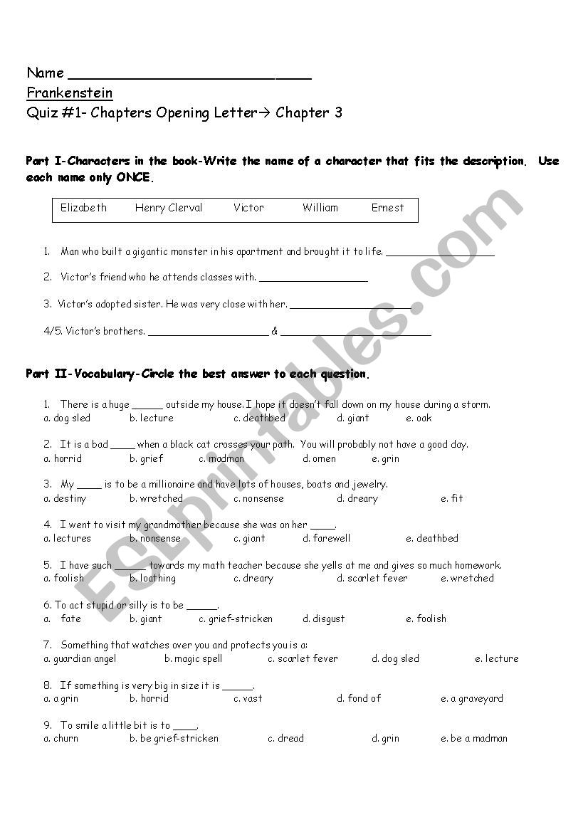 Frankenstein by Mary Shelly Quiz Chapters 1-3