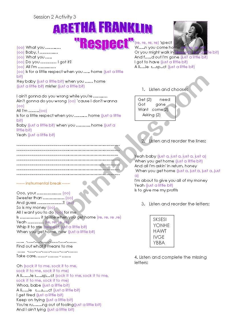 Respect Aretha Franklin worksheet