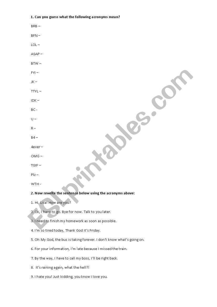 Acronyms worksheet