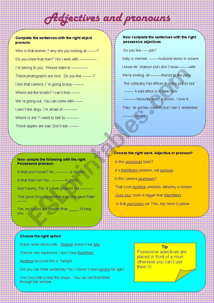Adjectives and pronouns worksheet