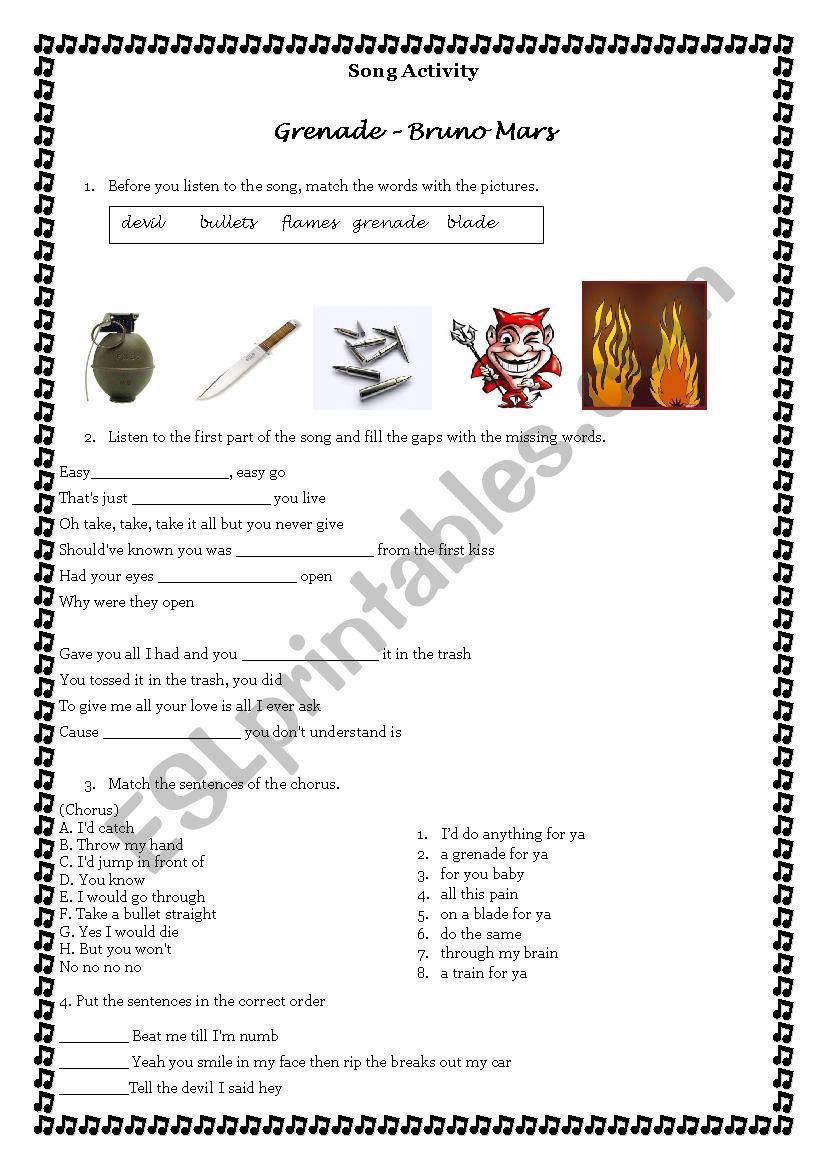 Song Activity - Grenade by Bruno Mars