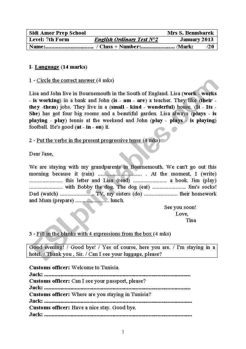 Tunisian Test  worksheet