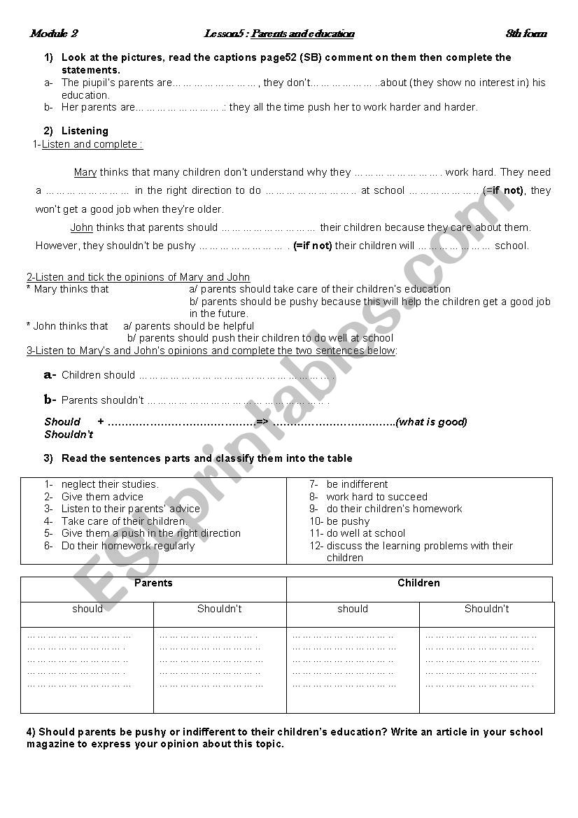 parents and education worksheet