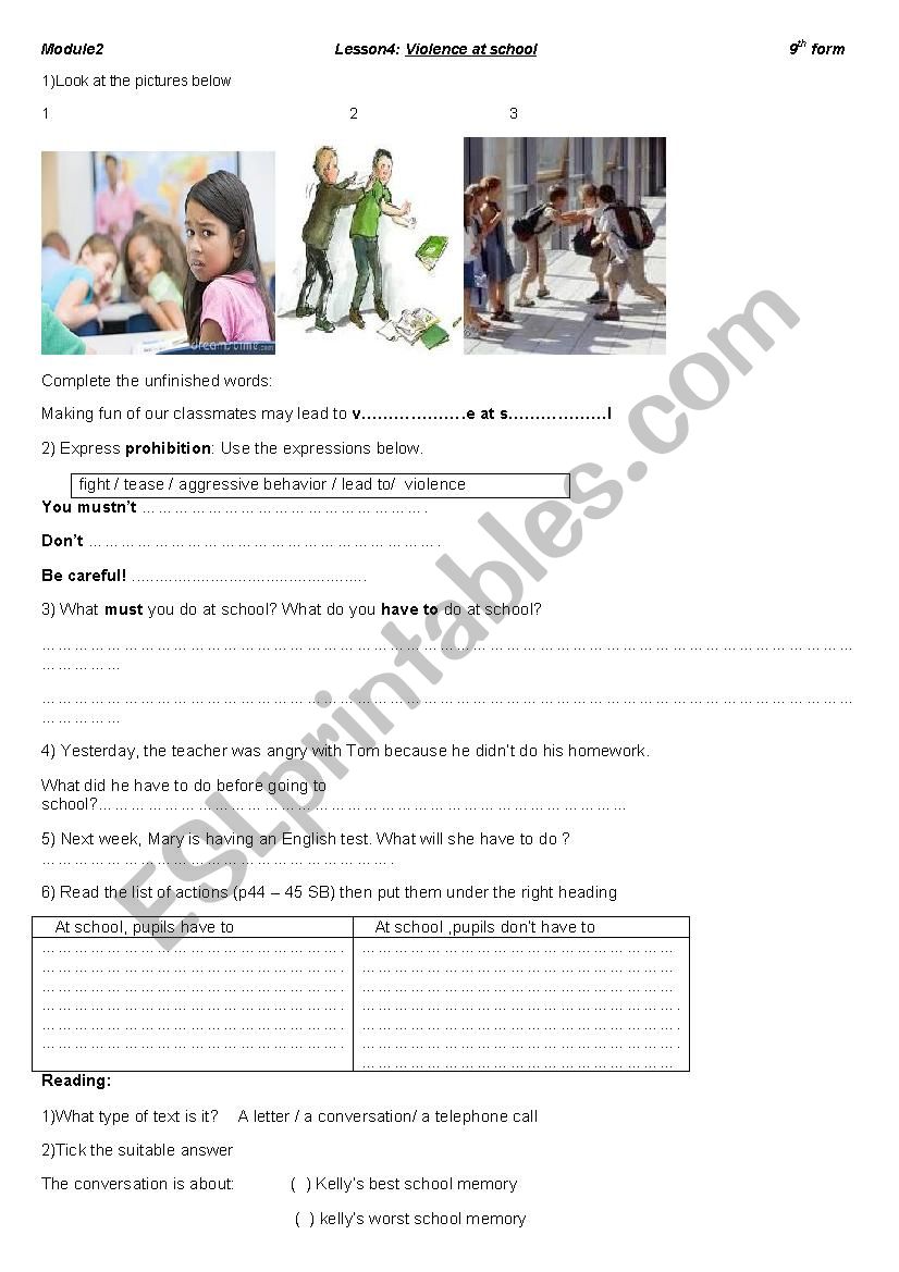 violence at school worksheet