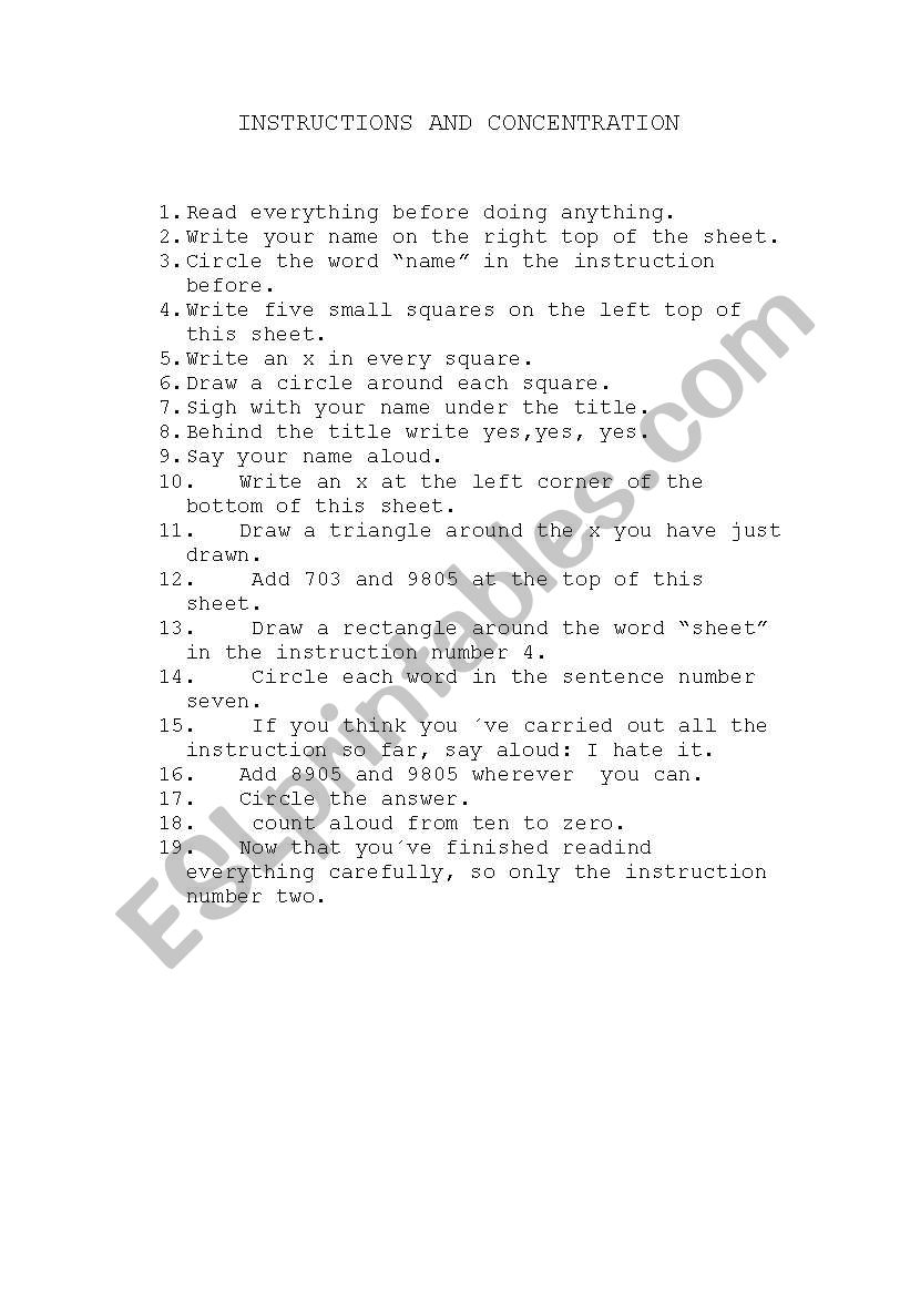 instruction and concentration worksheet
