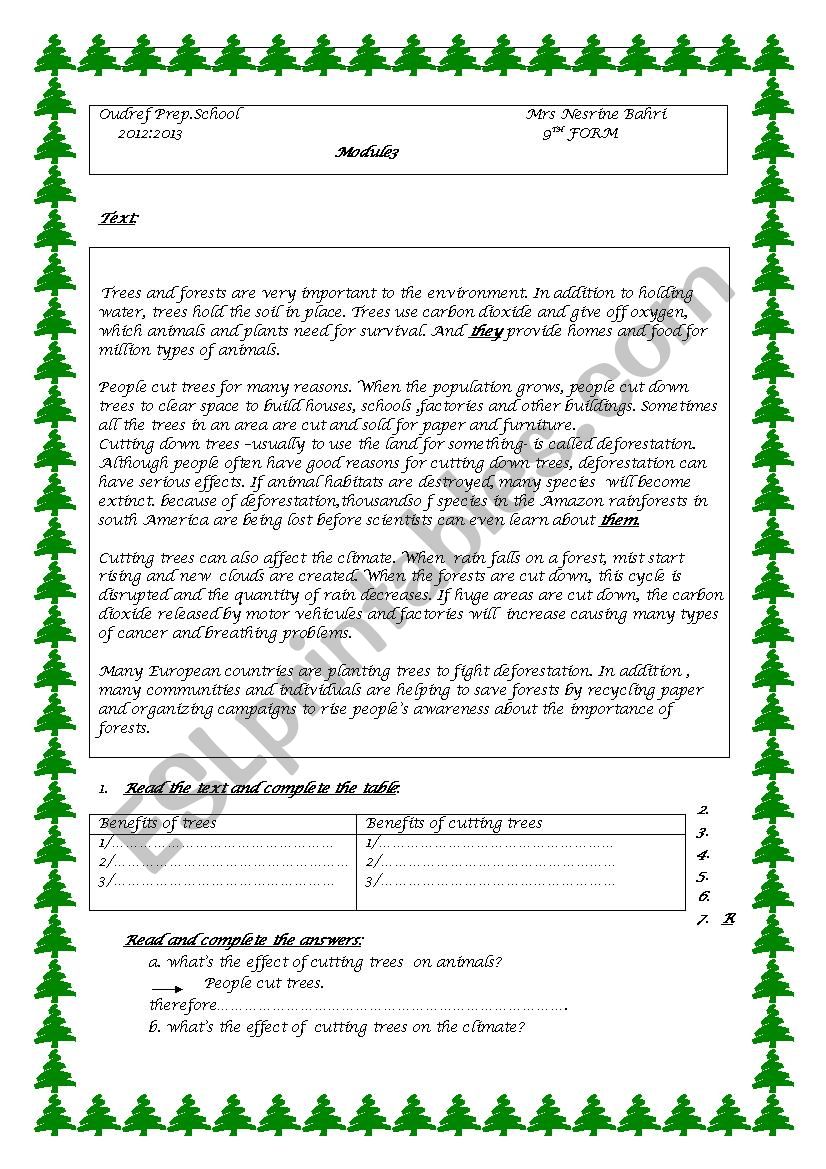 SAVE TREES worksheet