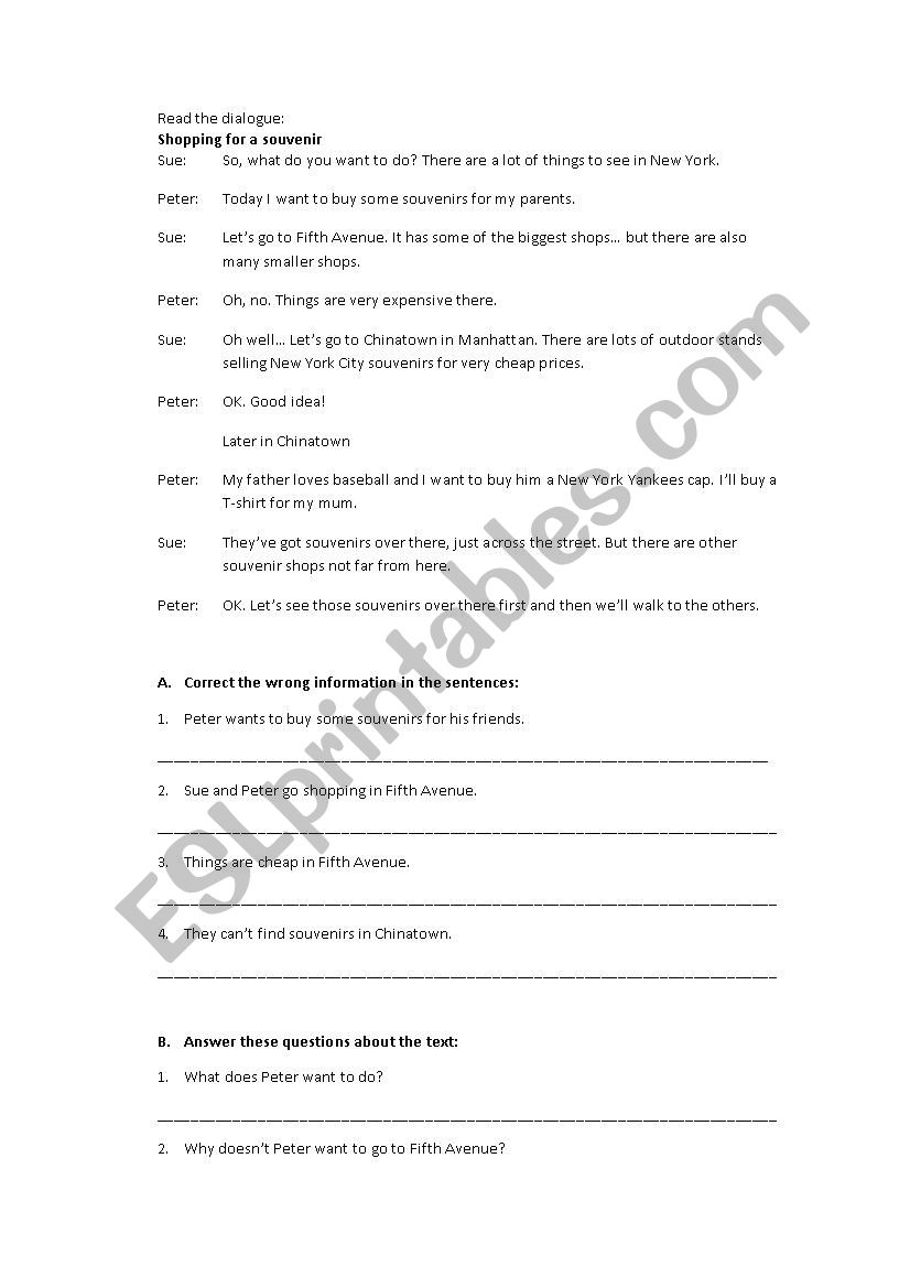 directions and shopping worksheet
