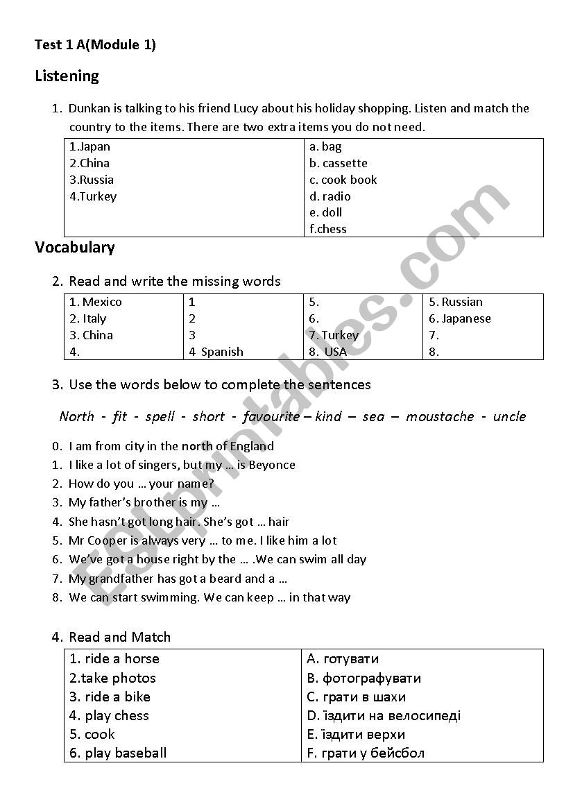 upstream A1+ 1 test worksheet