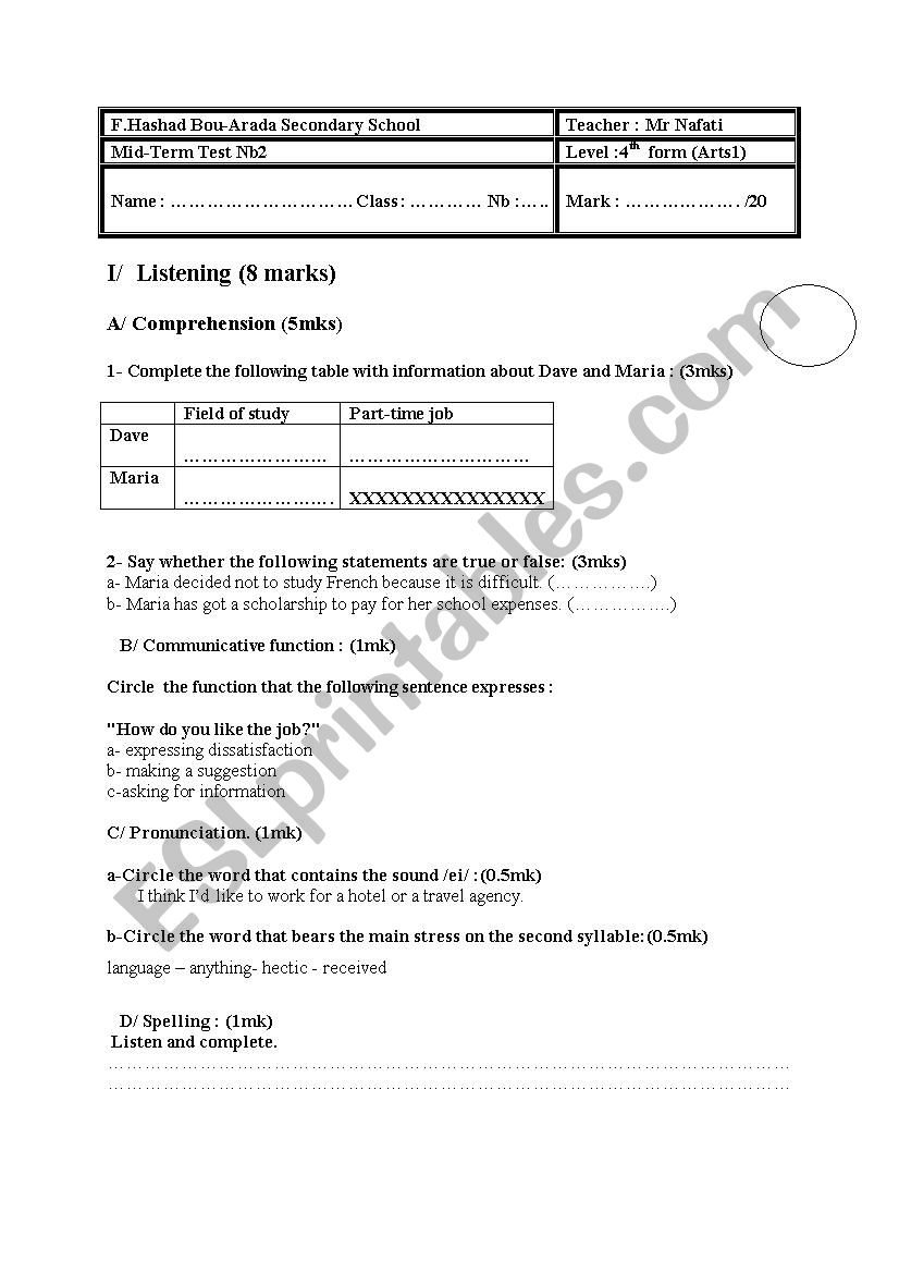 4th form (arts) mid-term test nb2