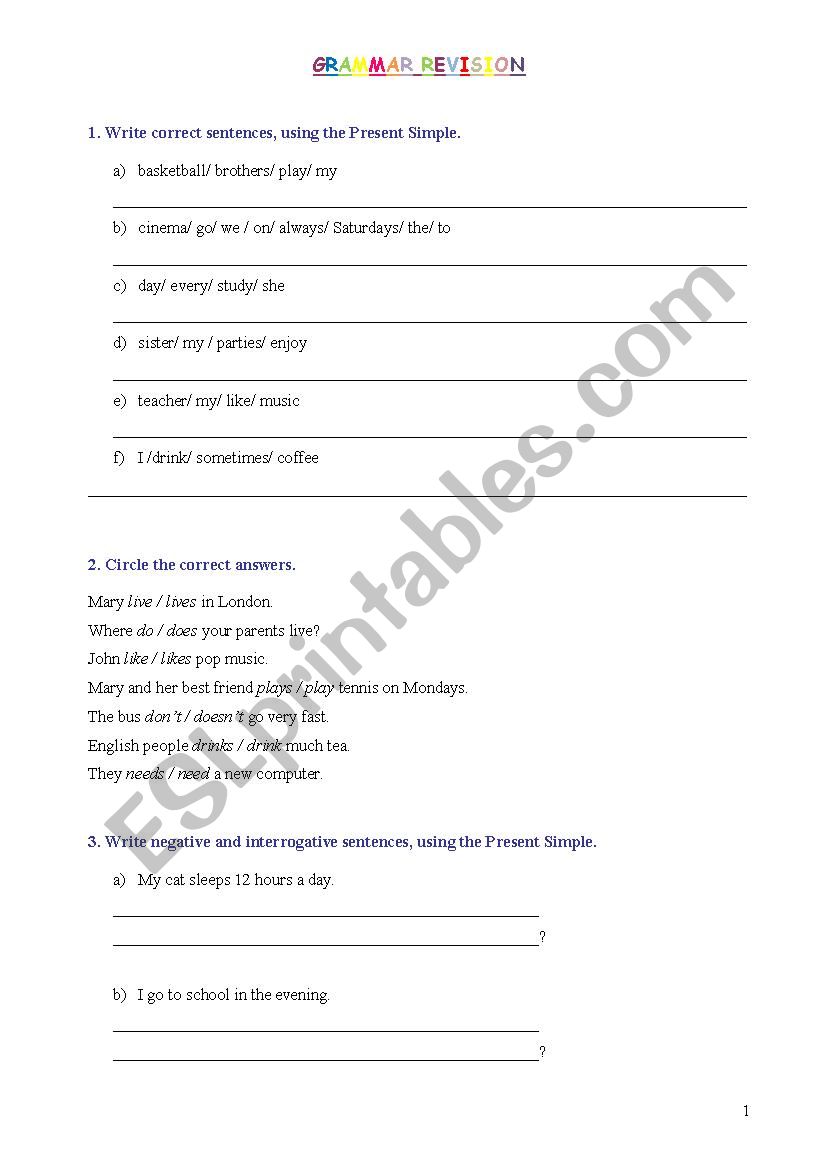 grammar revision worksheet