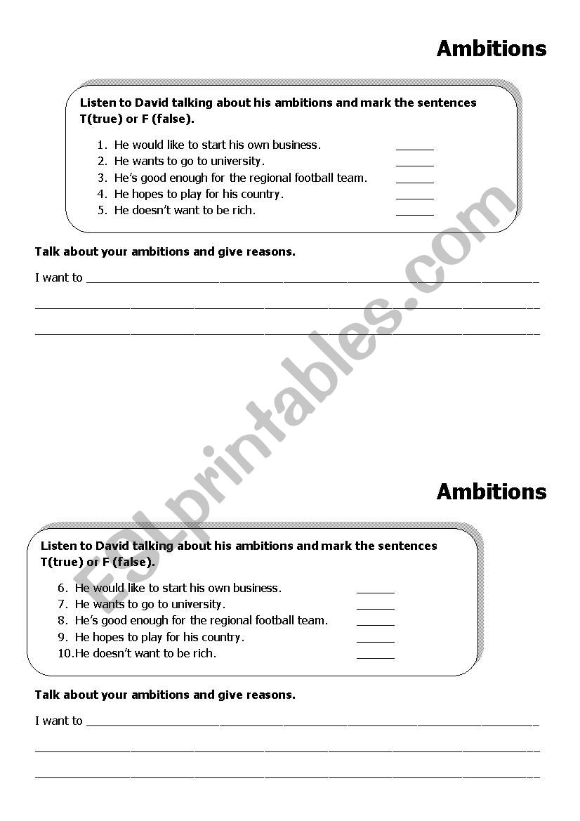 Ambitions  worksheet