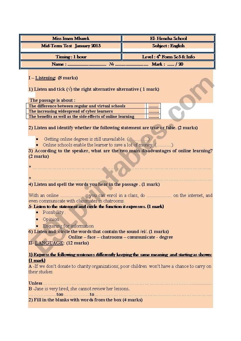 Mid Term test 2 (Forth Form) worksheet