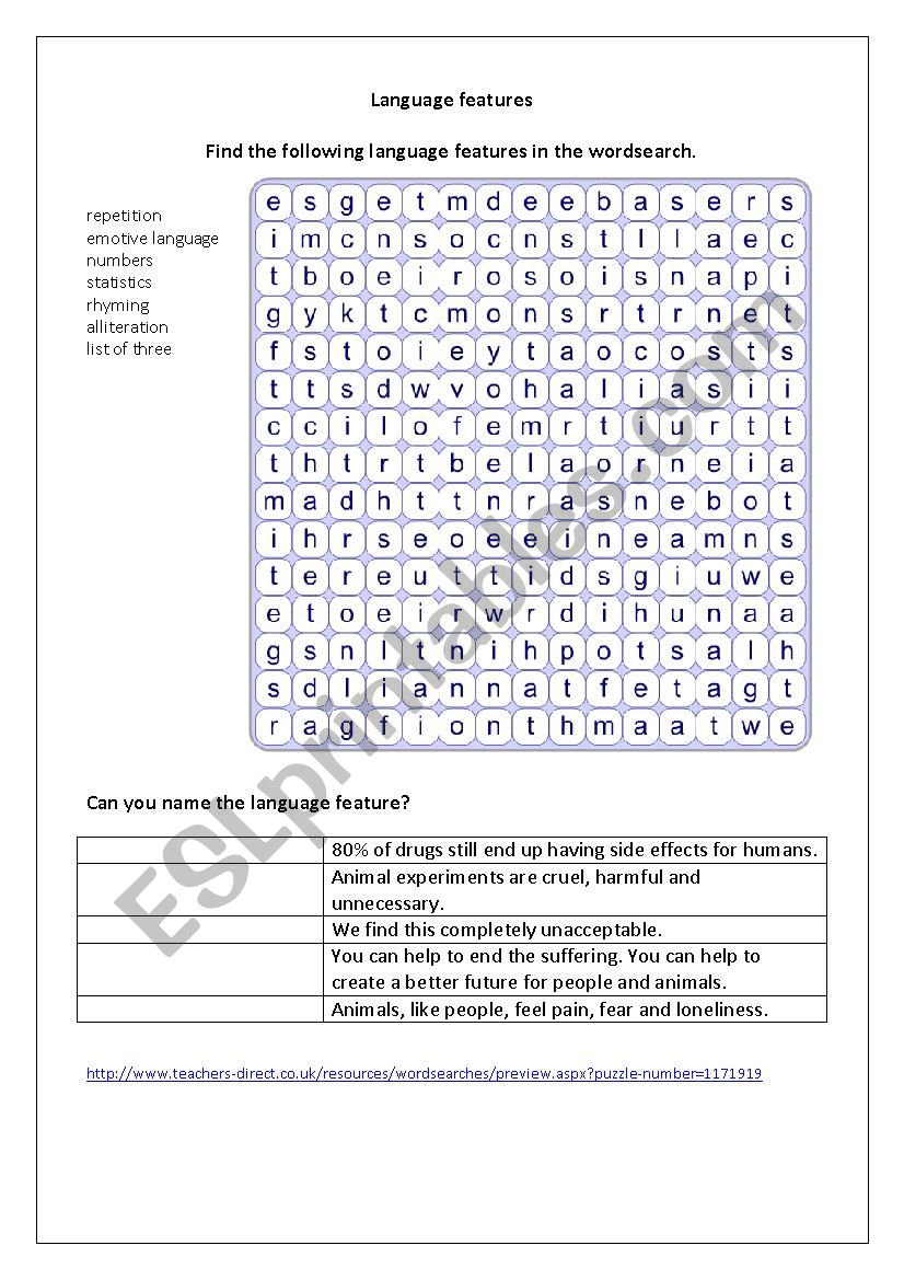 Language features worksheet