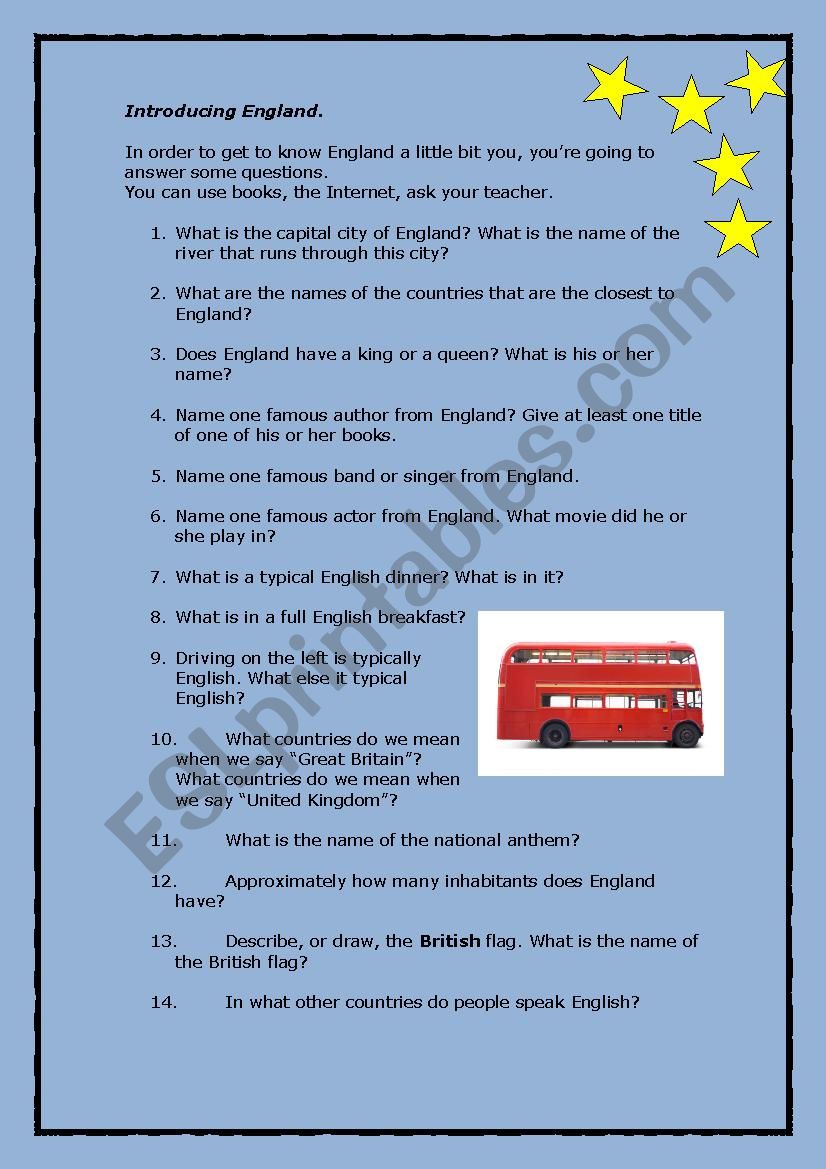 Introducing England worksheet