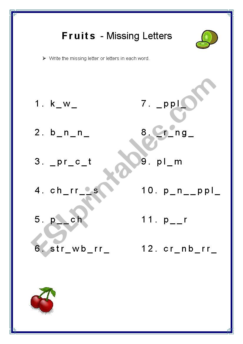 Fruits - working with vowels worksheet