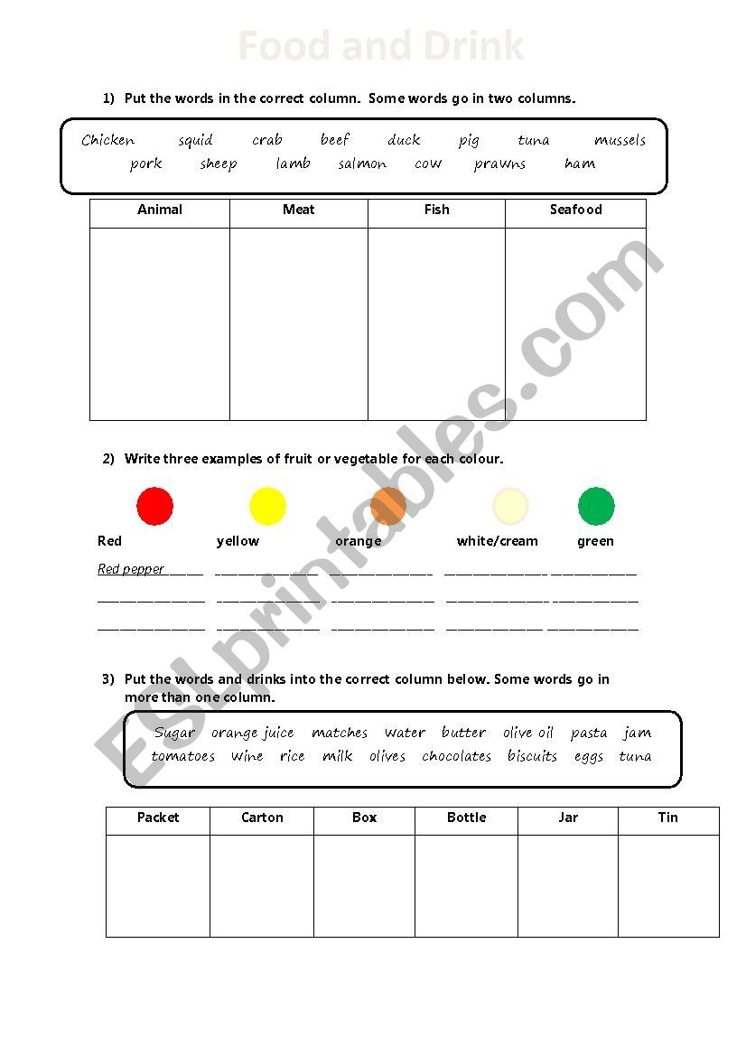 Food and Containers worksheet