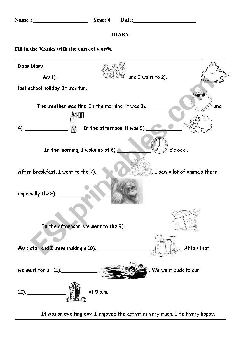 Diary (cloze passage) worksheet