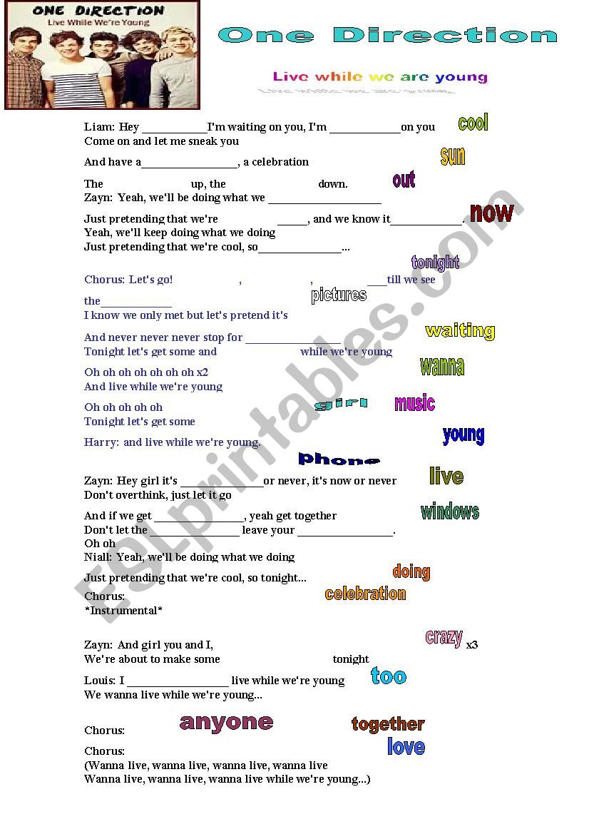 Live while were young worksheet