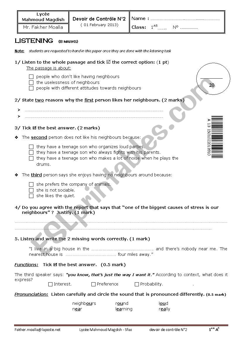 test 2 first form tunisian students