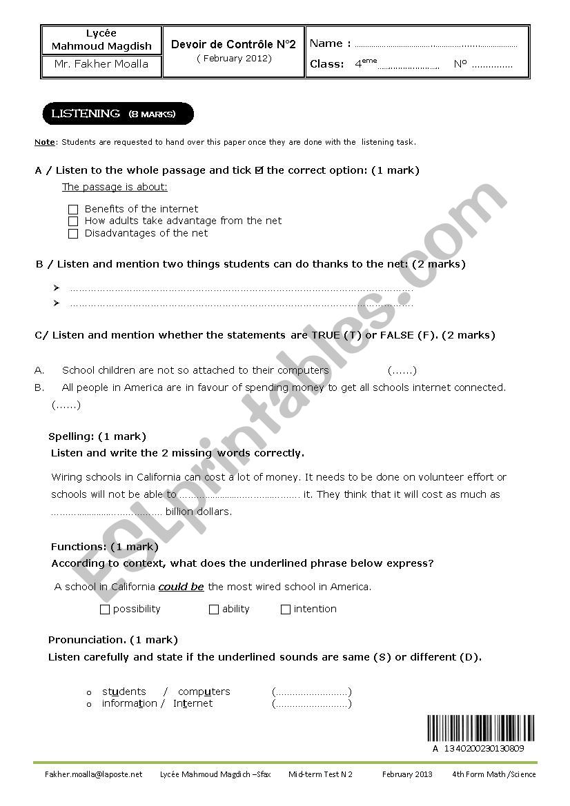  mid term test for tunisian 4th formers