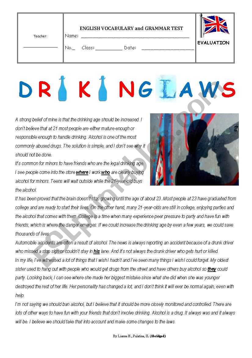 Test - Drinking Laws worksheet